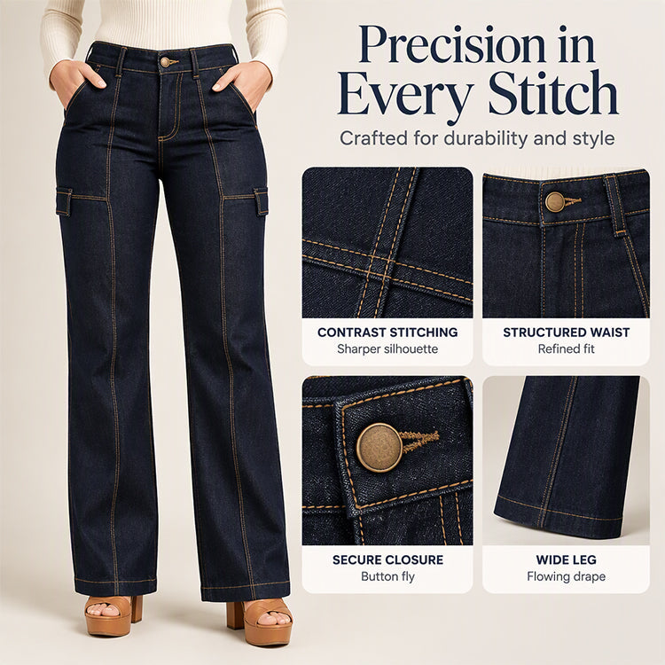 Women's High Waisted Contrast Stitching Wide-Leg Jeans