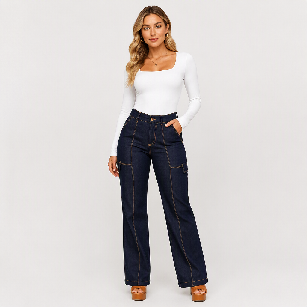 Women's High Waisted Contrast Stitching Wide-Leg Jeans