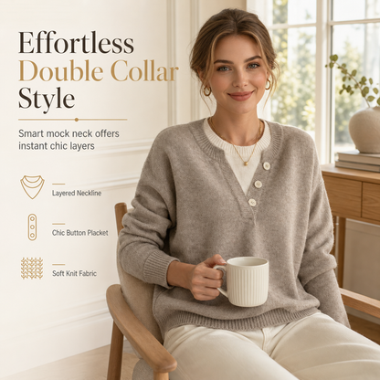 Casual Mock Two Piece V Neck Knit Sweater with Button Details