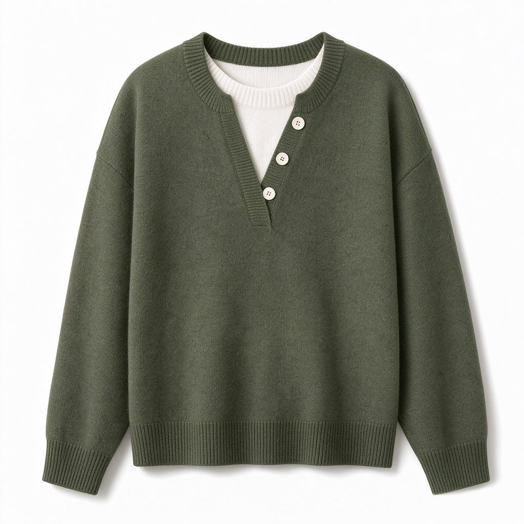 Casual Mock Two Piece V Neck Knit Sweater with Button Details