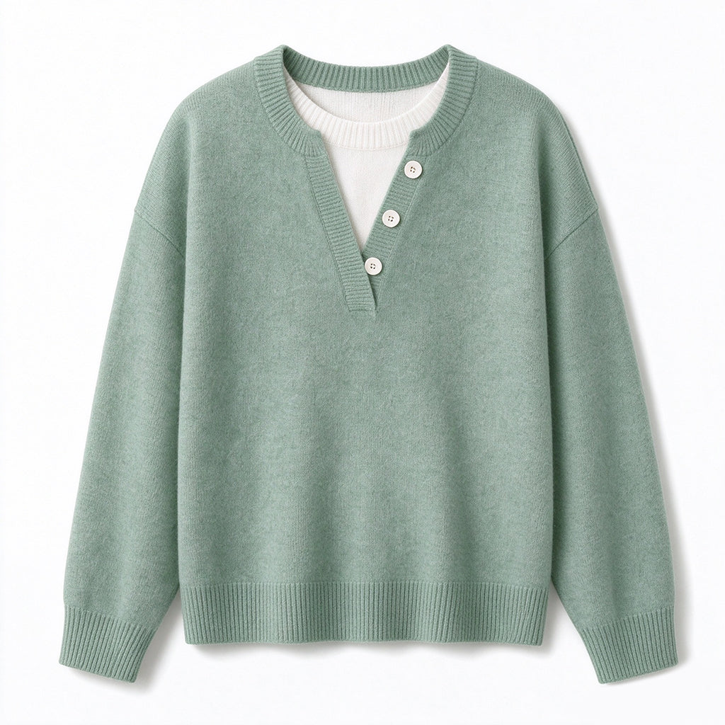 Casual Mock Two Piece V Neck Knit Sweater with Button Details