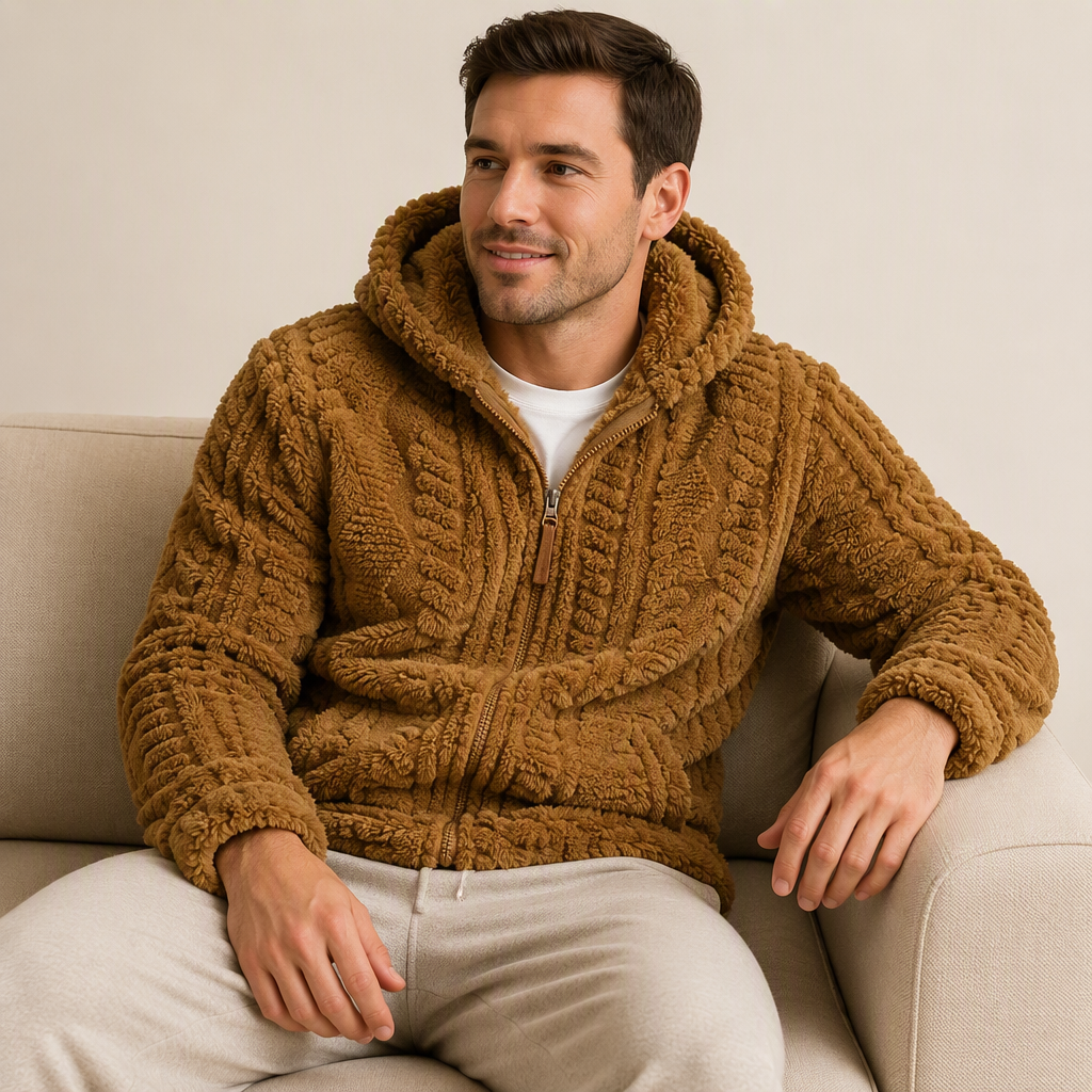 Men's Textured Sherpa Zip-Up Hooded Jacket