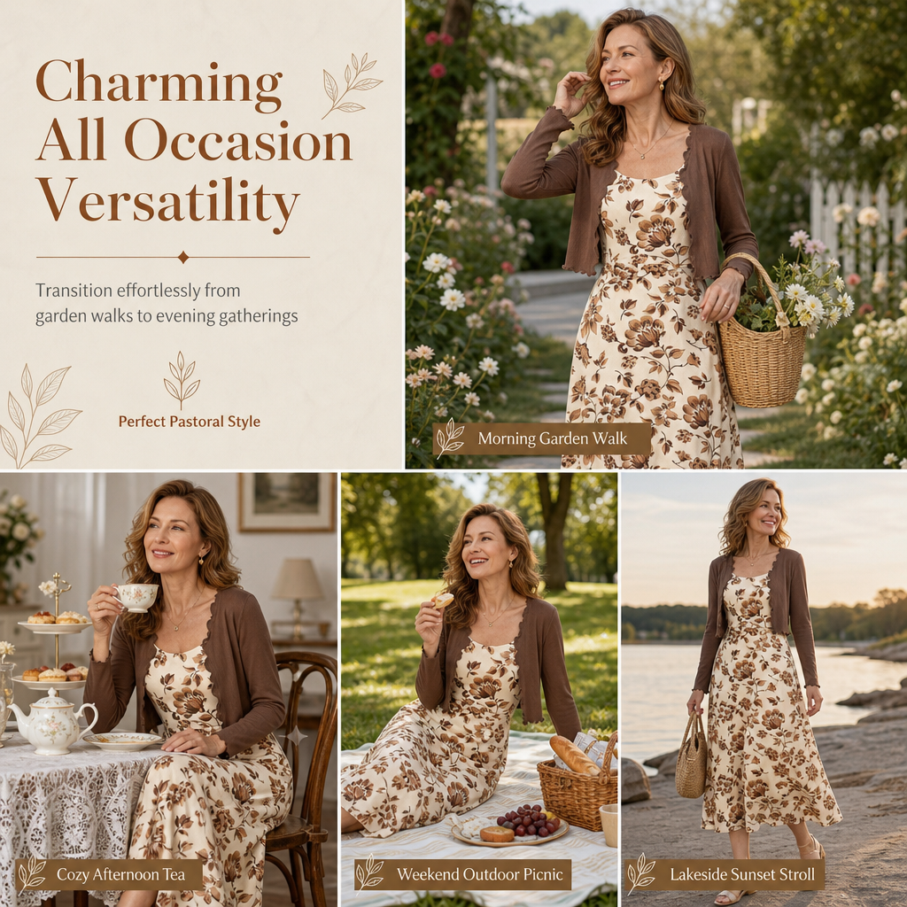 Women's Vintage Floral Slip Dress and Cropped Ribbed Knit Cardigan 2-Piece Set