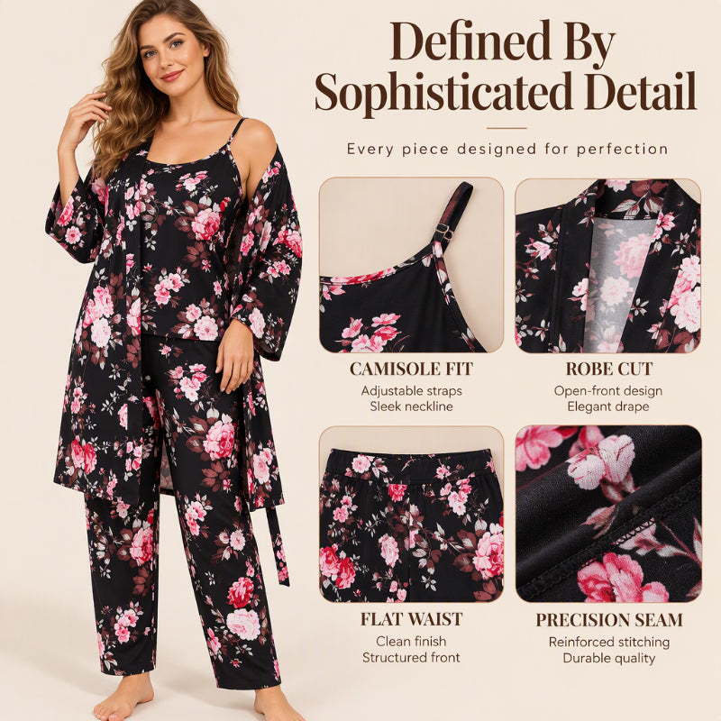 Women's Elegant Floral 3-Piece Pajama Set