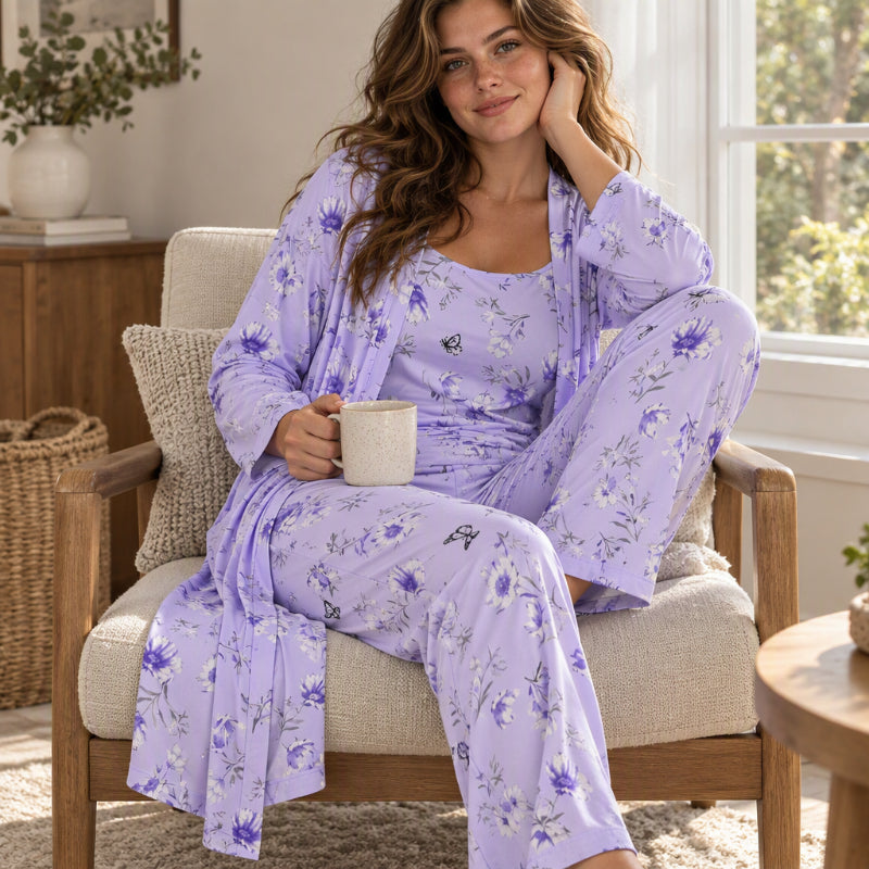Women's Elegant Floral 3-Piece Pajama Set