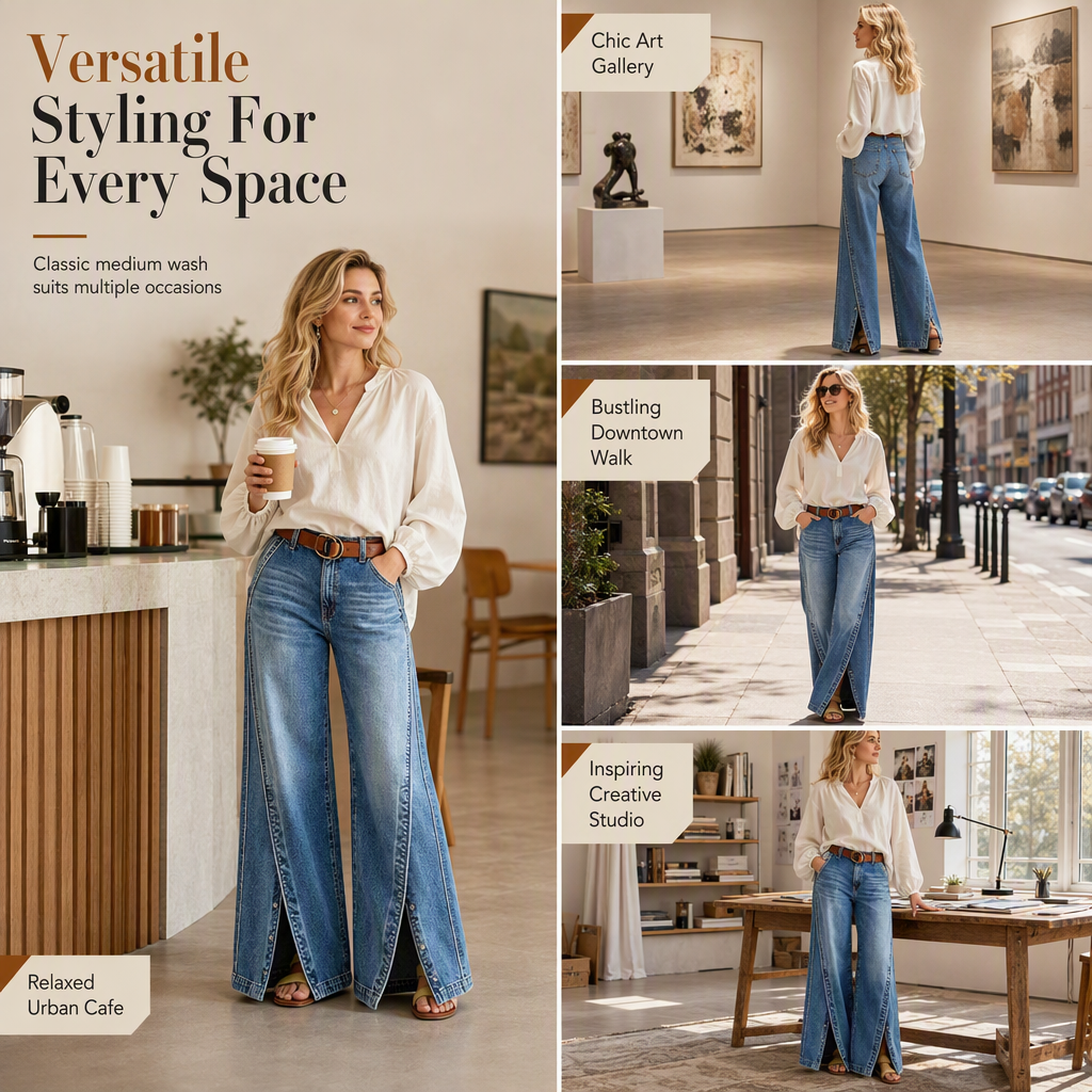 Women's High Waisted Wide Leg Jeans with Split Hems