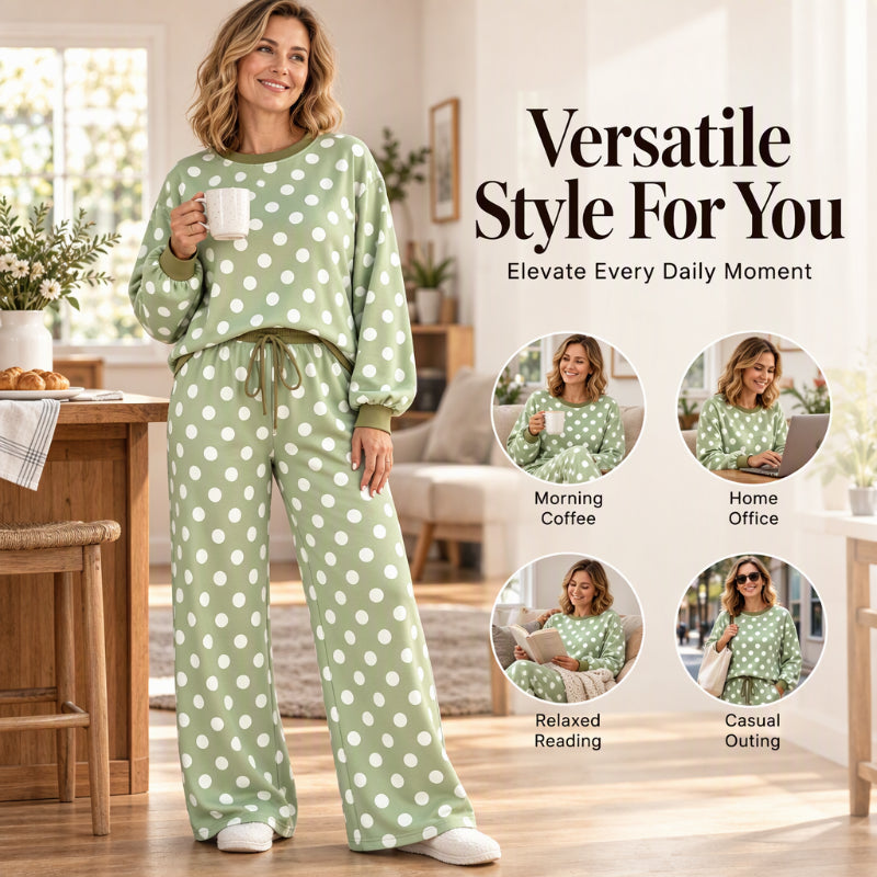 🍂  Classic Polka Dot Print, Relaxed Wide Leg | Women's Sweatshirt & Wide-Leg Pants Matching Set