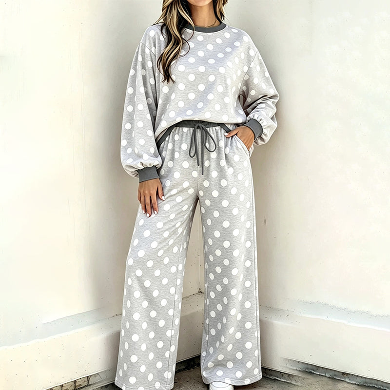 🍂  Classic Polka Dot Print, Relaxed Wide Leg | Women's Sweatshirt & Wide-Leg Pants Matching Set