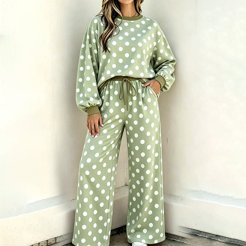 🍂  Classic Polka Dot Print, Relaxed Wide Leg | Women's Sweatshirt & Wide-Leg Pants Matching Set