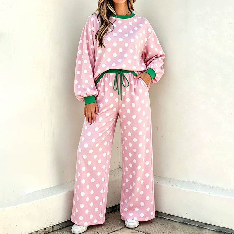 🍂  Classic Polka Dot Print, Relaxed Wide Leg | Women's Sweatshirt & Wide-Leg Pants Matching Set