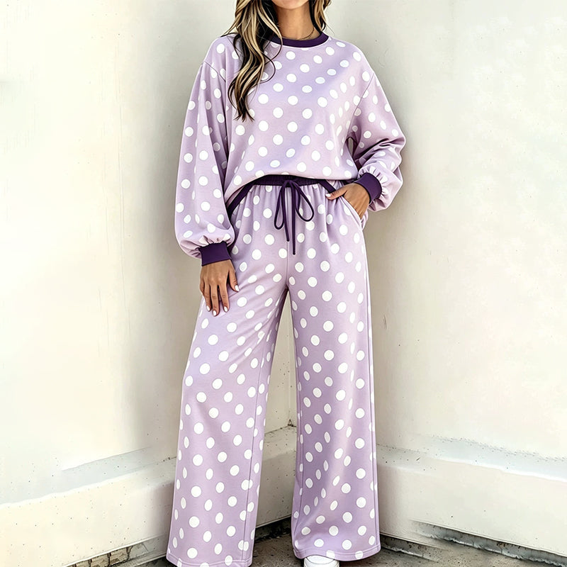 🍂  Classic Polka Dot Print, Relaxed Wide Leg | Women's Sweatshirt & Wide-Leg Pants Matching Set