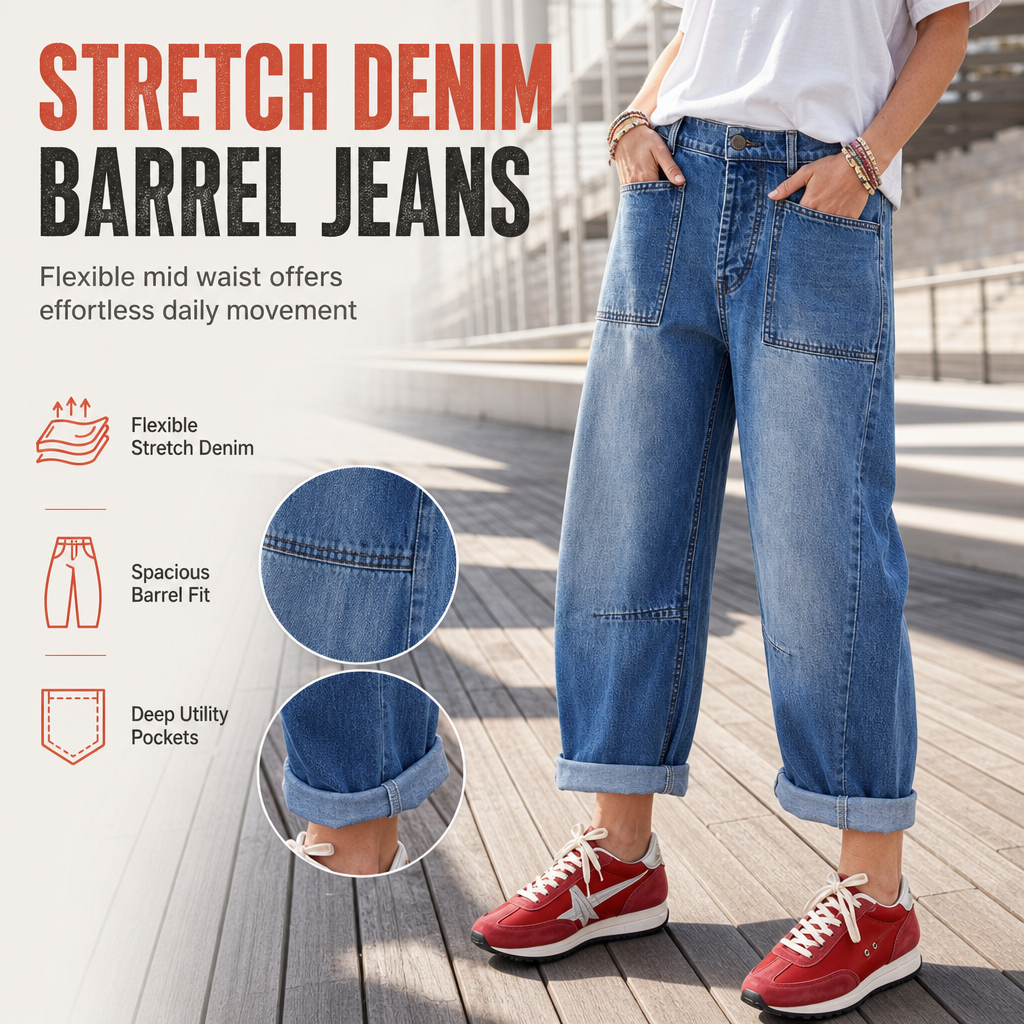 Women's Plus Size Stretch Jeans Mid Rise Cropped Barrel Leg Denim Pants with Cuffed Hem and Stitched Patch Pockets
