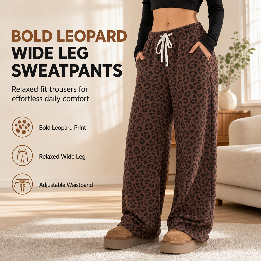 Women's Leopard Print Wide Leg Drawstring Sweatpants Loose Fit Casual Loungewear Pants
