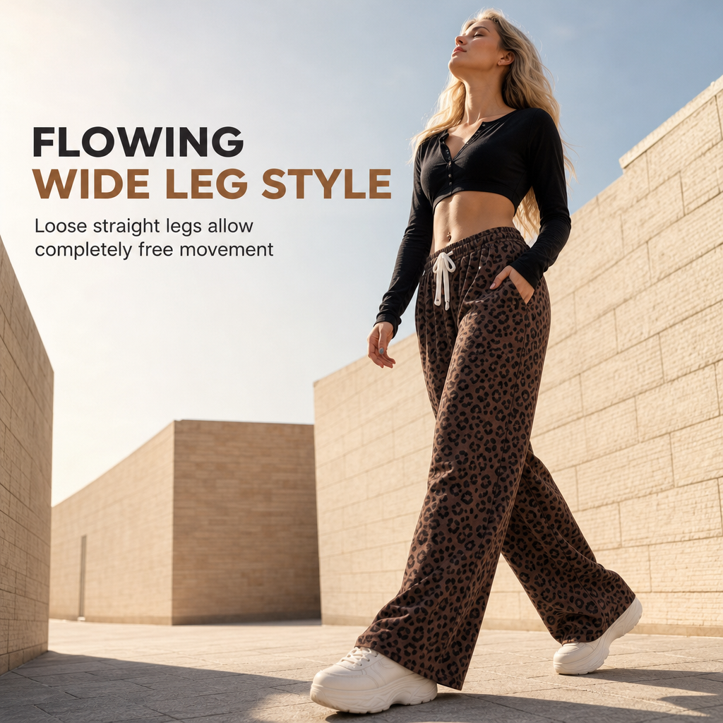 Women's Leopard Print Wide Leg Drawstring Sweatpants Loose Fit Casual Loungewear Pants