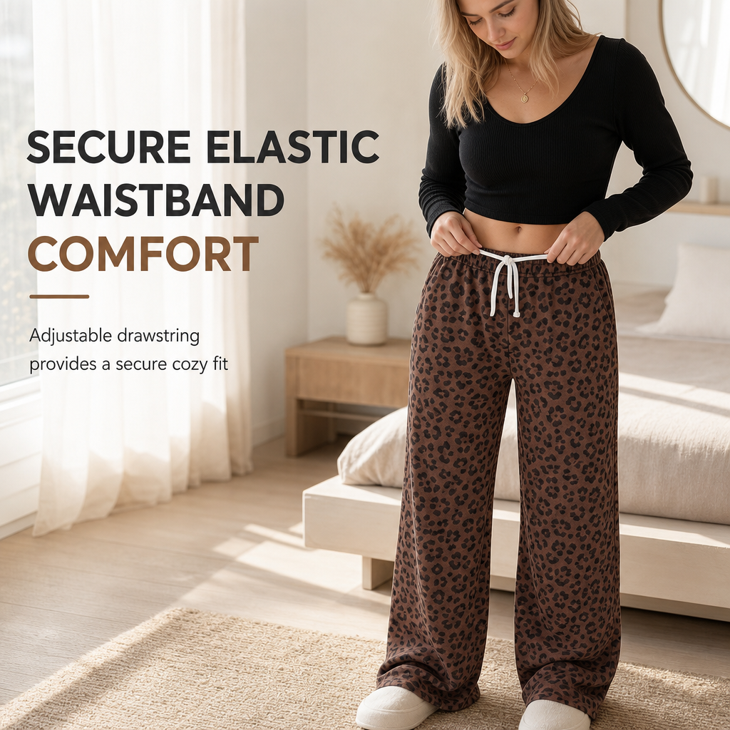 Women's Leopard Print Wide Leg Drawstring Sweatpants Loose Fit Casual Loungewear Pants