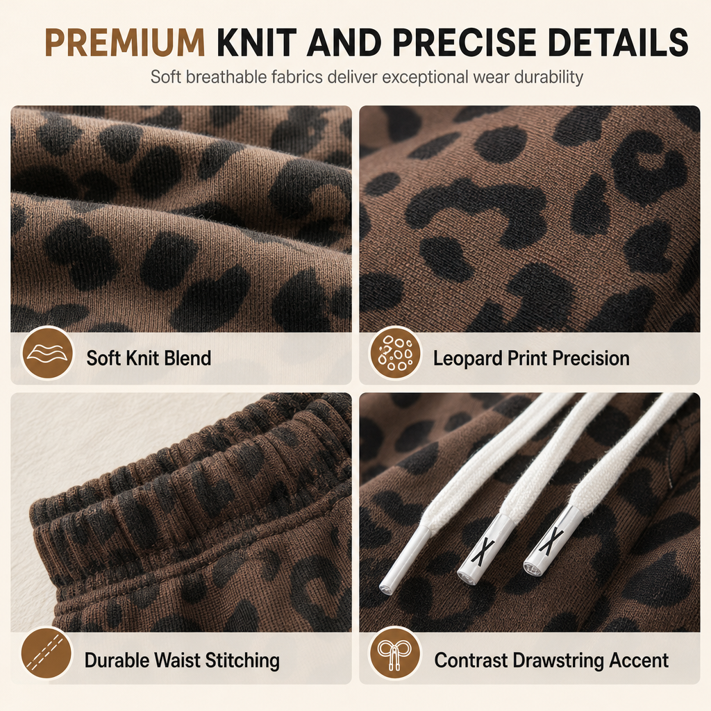 Women's Leopard Print Wide Leg Drawstring Sweatpants Loose Fit Casual Loungewear Pants