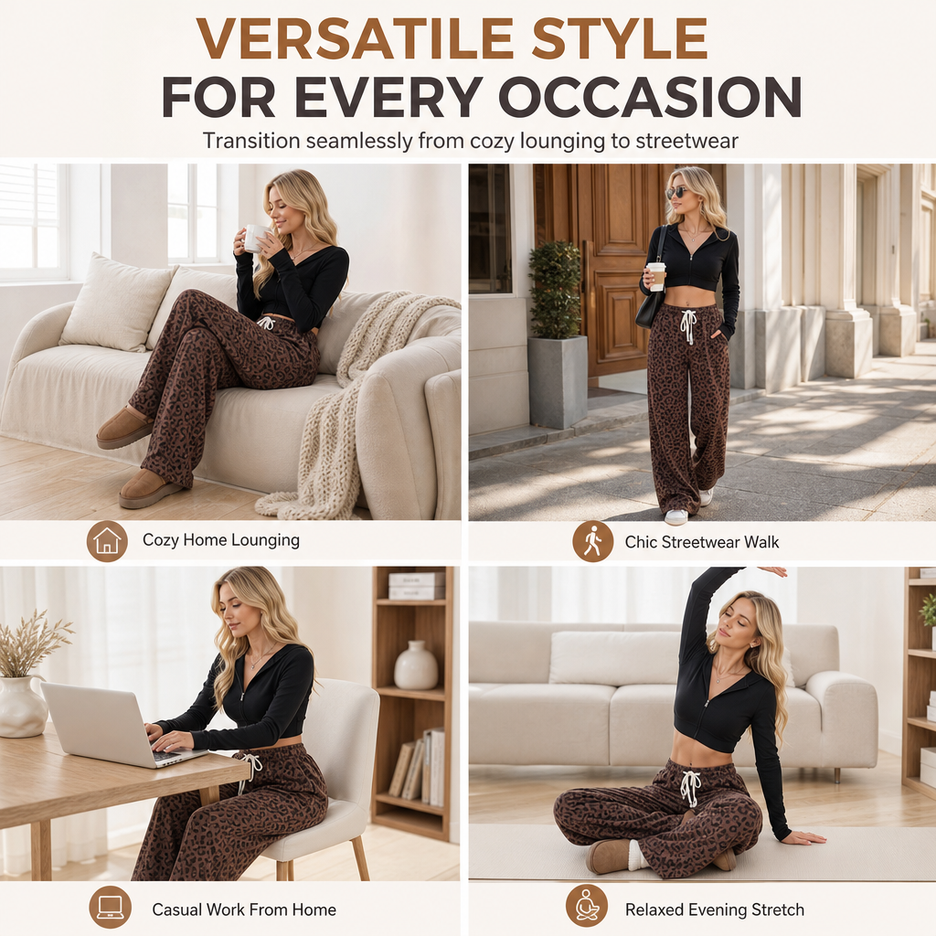 Women's Leopard Print Wide Leg Drawstring Sweatpants Loose Fit Casual Loungewear Pants