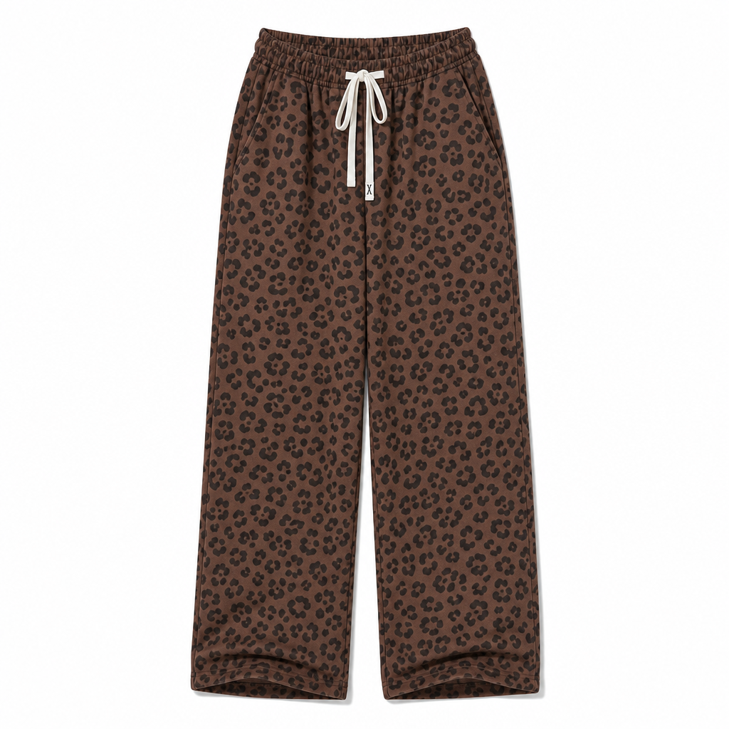 Women's Leopard Print Wide Leg Drawstring Sweatpants Loose Fit Casual Loungewear Pants