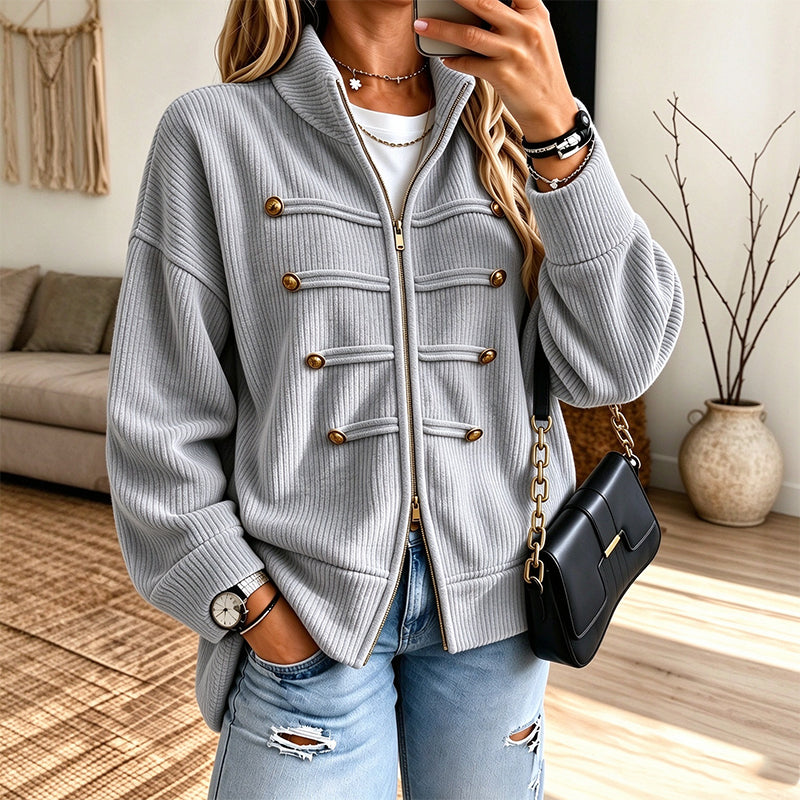 Women's Casual Ribbed Zip Up Jacket