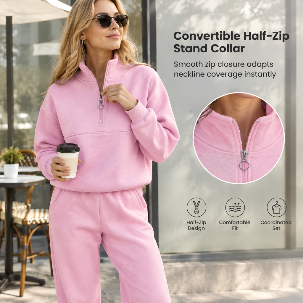 Casual Two Piece Pants Set Solid Color Zip Lapel Collar Top and Long Trousers Outfit for Autumn and Winter