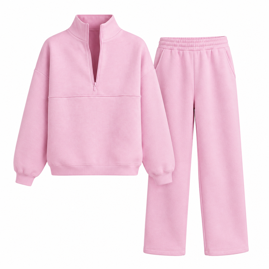 Casual Two Piece Pants Set Solid Color Zip Lapel Collar Top and Long Trousers Outfit for Autumn and Winter