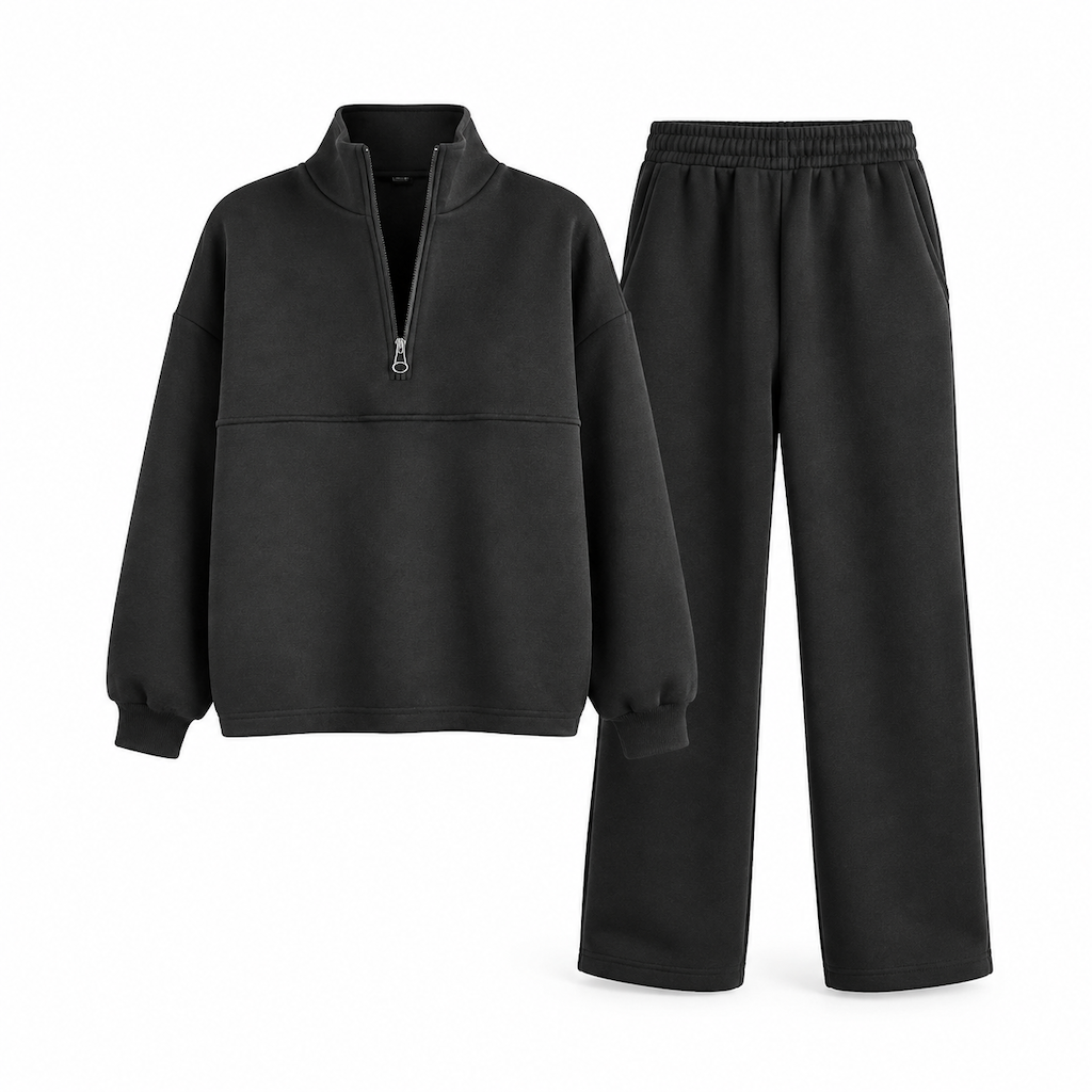 Casual Two Piece Pants Set Solid Color Zip Lapel Collar Top and Long Trousers Outfit for Autumn and Winter