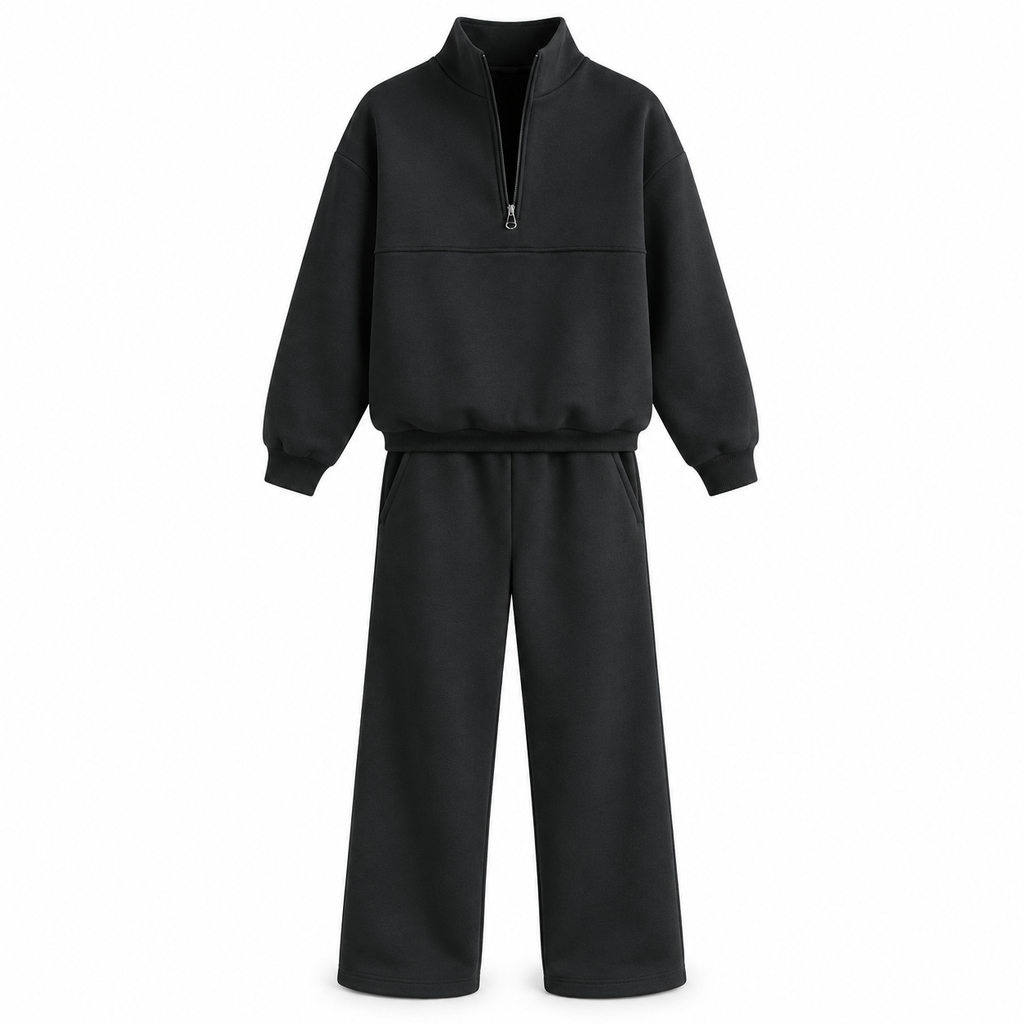 Casual Two Piece Pants Set Solid Color Zip Lapel Collar Top and Long Trousers Outfit for Autumn and Winter