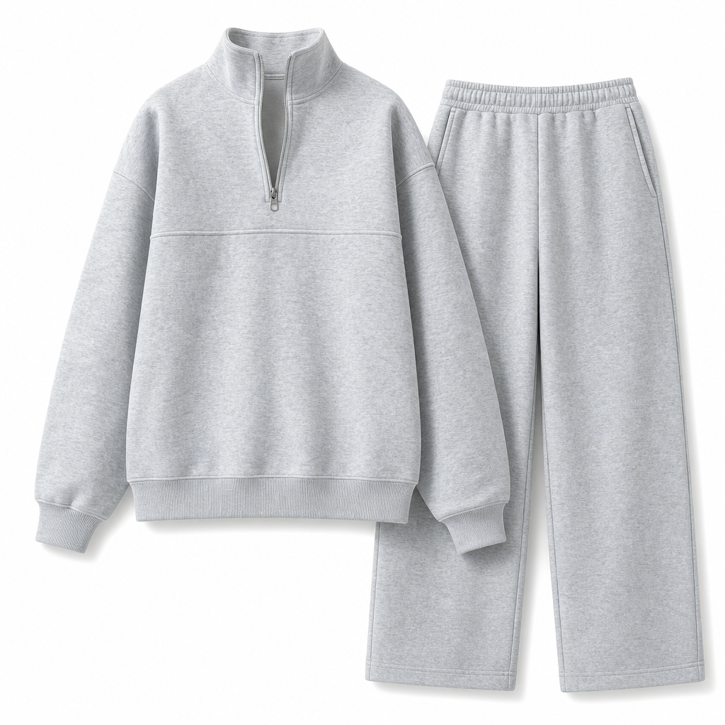 Casual Two Piece Pants Set Solid Color Zip Lapel Collar Top and Long Trousers Outfit for Autumn and Winter