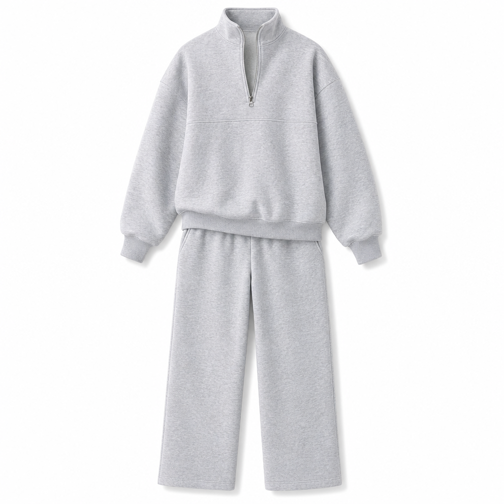 Casual Two Piece Pants Set Solid Color Zip Lapel Collar Top and Long Trousers Outfit for Autumn and Winter