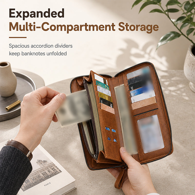 ✨Structured Everyday Clutch Wallet – Rigid Zip, Flat Banknotes, Multi-Compartment, Scratch-Resistant