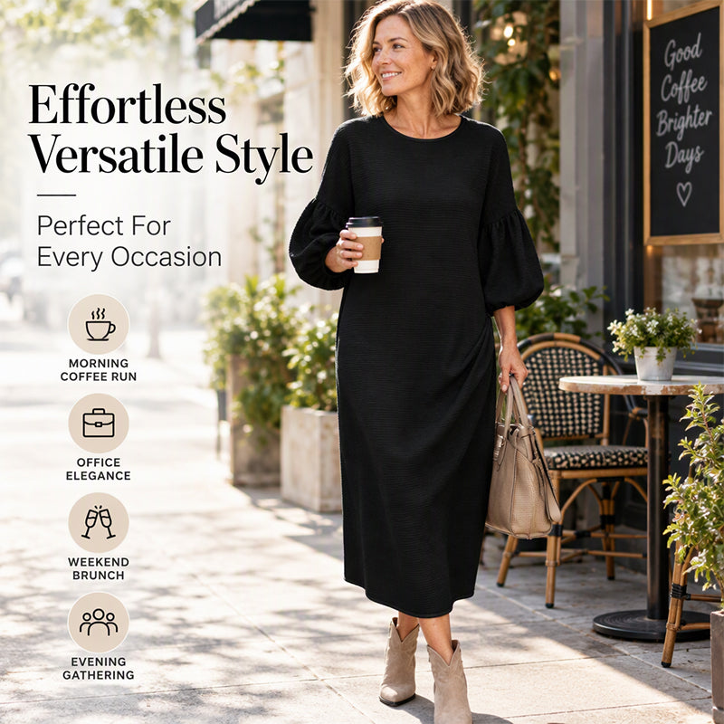 Women's Textured Knit Puff Sleeve Midi Dress