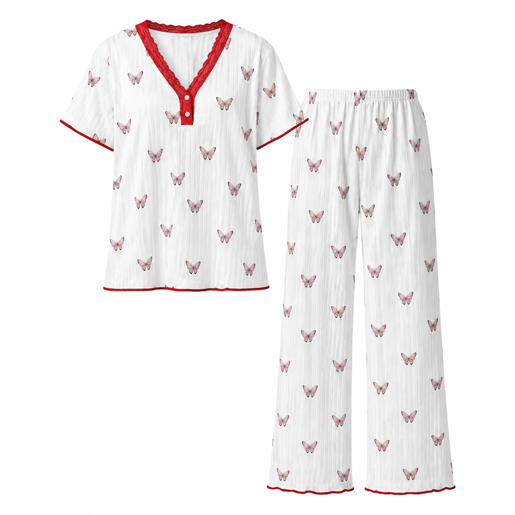 Women's Printed Pajama Set Short Sleeve Top and Long Pants Comfortable Stretchy Loungewear