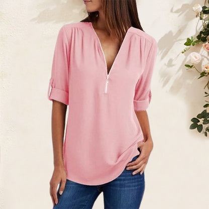 V Neck Loose Chiffon 3/4 Sleeve Zipper Blouse