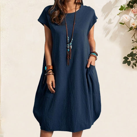 Women's Cotton Linen Loose Casual Pocket Dress