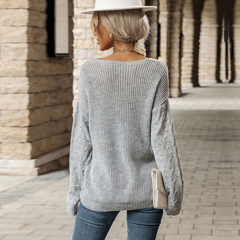 ?Buy 2 free shipping?V Neck Jacquard Gray Sweater For Women（50%OFF)