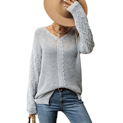 ?Buy 2 free shipping?V Neck Jacquard Gray Sweater For Women（50%OFF)