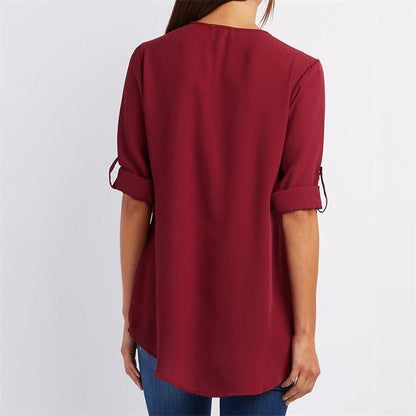 V Neck Loose Chiffon 3/4 Sleeve Zipper Blouse