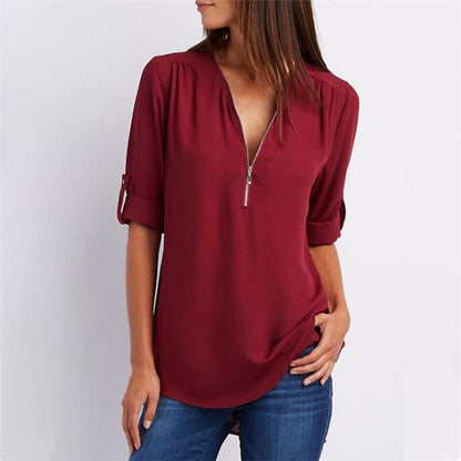 V Neck Loose Chiffon 3/4 Sleeve Zipper Blouse