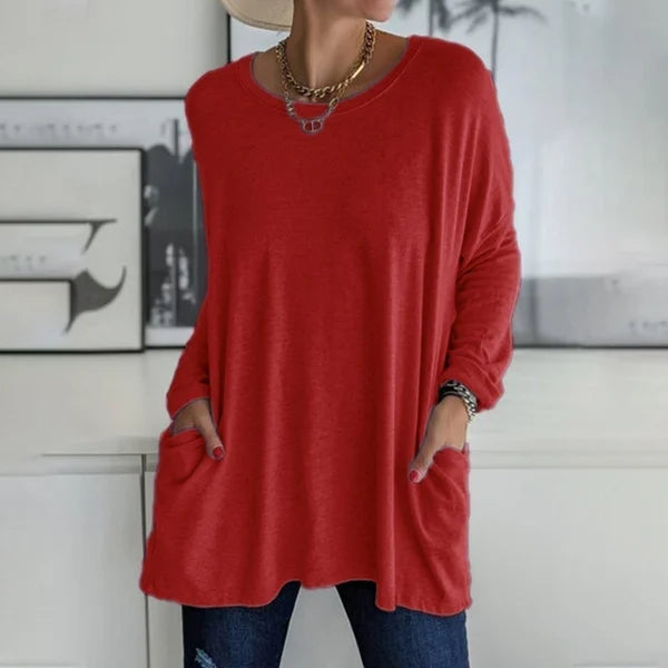 Women's Round Neck Long Sleeve Loose Pocket T-Shirt