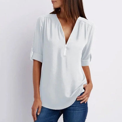 V Neck Loose Chiffon 3/4 Sleeve Zipper Blouse