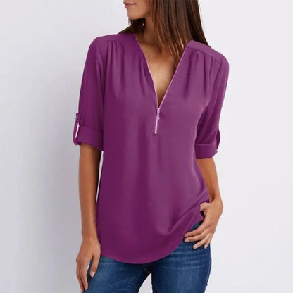 V Neck Loose Chiffon 3/4 Sleeve Zipper Blouse