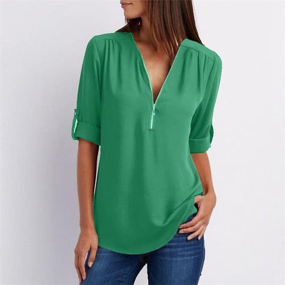 V Neck Loose Chiffon 3/4 Sleeve Zipper Blouse