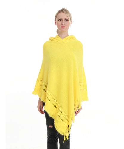 Ladies' Hooded Cape with Fringed Hem Crochet Poncho Knitting Patterns