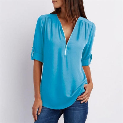 V Neck Loose Chiffon 3/4 Sleeve Zipper Blouse