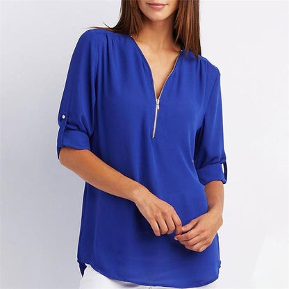 V Neck Loose Chiffon 3/4 Sleeve Zipper Blouse