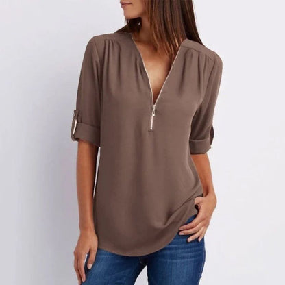 V Neck Loose Chiffon 3/4 Sleeve Zipper Blouse