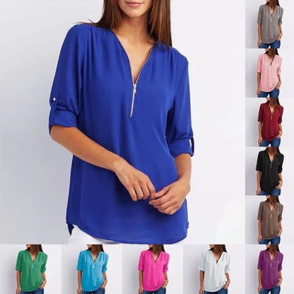 V Neck Loose Chiffon 3/4 Sleeve Zipper Blouse