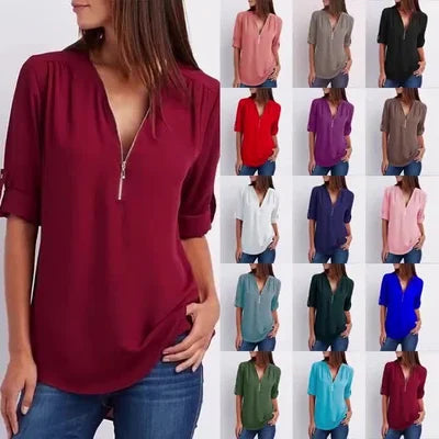 V Neck Loose Chiffon 3/4 Sleeve Zipper Blouse