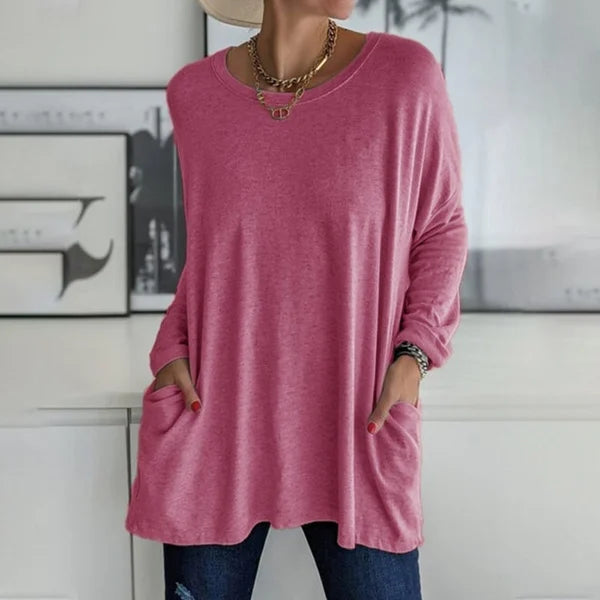 Women's Round Neck Long Sleeve Loose Pocket T-Shirt