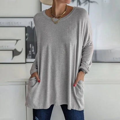 Women's Round Neck Long Sleeve Loose Pocket T-Shirt